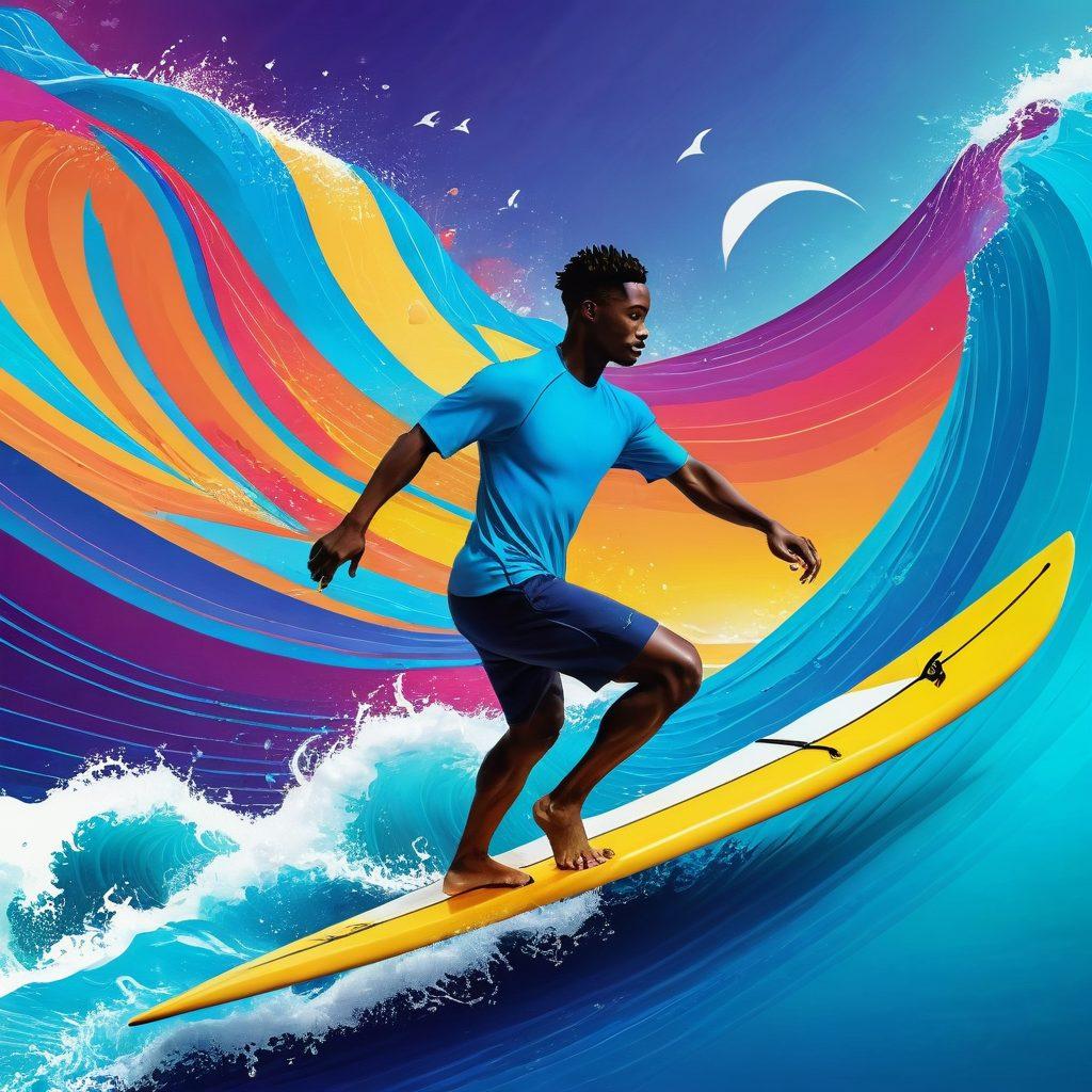 An abstract representation of a vast digital ocean, with waves symbolizing various blogging trends and insights like social media icons, analytical graphs, and vibrant hashtags surfacing from the water. A solitary blogger on a surfboard, skillfully navigating the waves, surrounded by glowing data streams and futuristic tools. Bright, engaging colors radiate from the digital elements, giving it a lively atmosphere. 3D, vibrant colors, digital art.