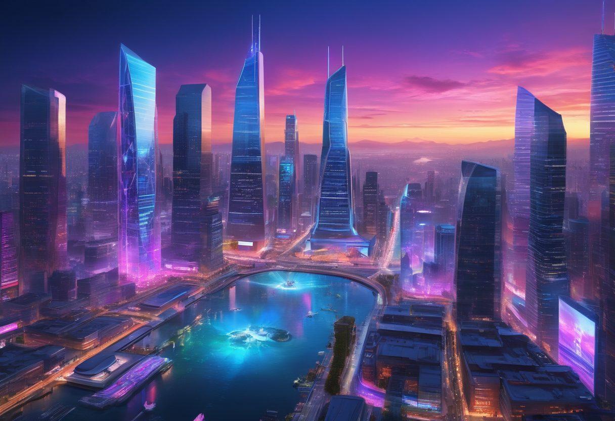 A futuristic digital landscape with a glowing city skyline, showcasing advanced technology and vibrant digital screens displaying informative content. Include diverse people engaging with holographic interfaces, brainstorming ideas, and collaborating in innovative workspaces. The atmosphere should be energetic and forward-thinking, with bright neon colors and sleek, modern architecture. super-realistic. vibrant colors. 3D.