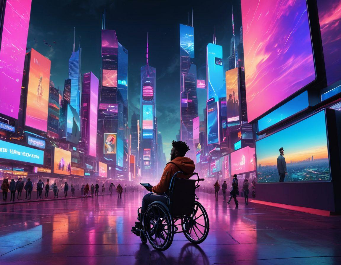 A futuristic city skyline with holographic screens displaying social media icons and digital content, showcasing diverse bloggers working with advanced technology. In the foreground, a group of diverse individuals, including a woman of color, a bearded man, and a young adult in a wheelchair, engage in discussions on digital trends. Bright neon colors illuminate the scene, symbolizing innovation and creativity. The sky above hints at various media formats like video, podcasts, and articles. cyberpunk. vibrant colors. super-realistic.
